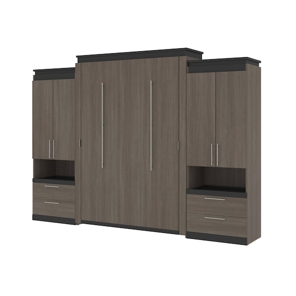Orion 124W Queen Murphy Bed and 2 Storage Cabinets w/Pull-Out Shelves (125W), Bark Gray & Graphite
